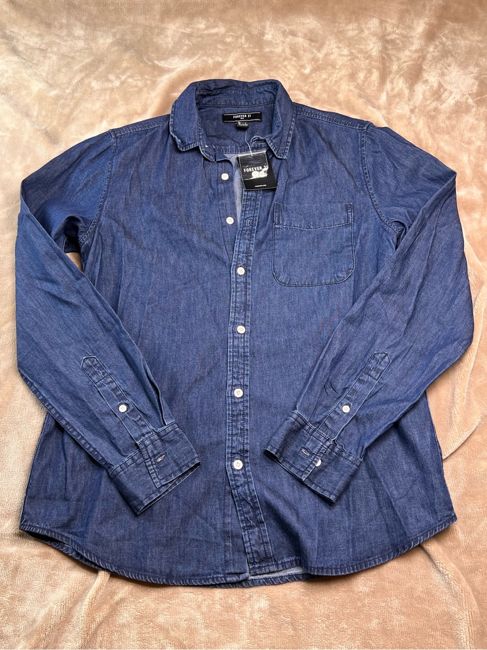 FOREVER 21 Classic Blue Denim Long Sleeve Button-up Collared Shirt - Sz S